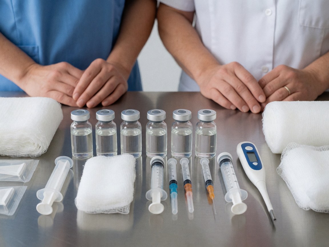 Veterinary supplies including syringes, antibiotics, and a thermometer arranged on a stainless steel counter ready for clinic use