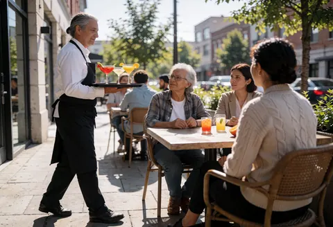 A waiter serves cocktails to seated clients on a sunny urban terrace with trees and buildings in the background.
