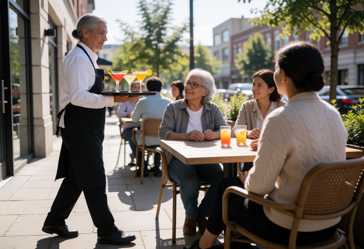 A waiter serves cocktails to seated clients on a sunny urban terrace with trees and buildings in the background.