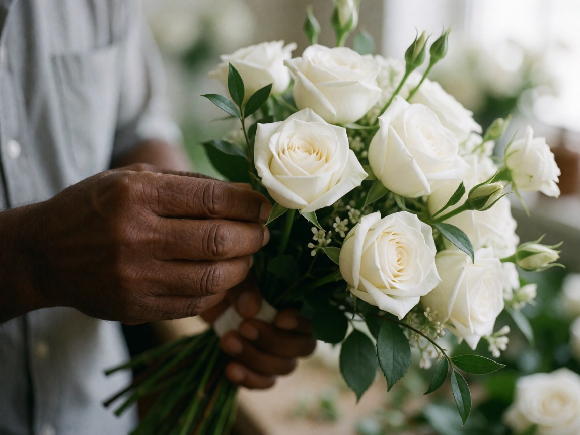 Close-up of a florist's hands assembling a bouquet of white roses and green leaves in a workshop with soft natural light.