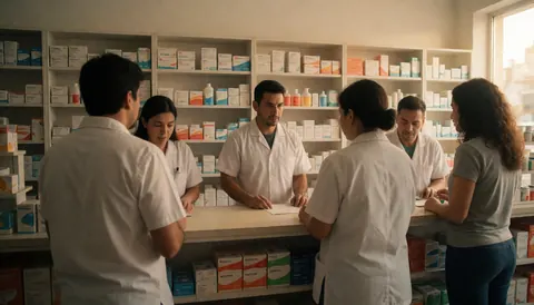 Pharmacy interior showing staff helping customers with shelves of medication and a service counter visible in the background