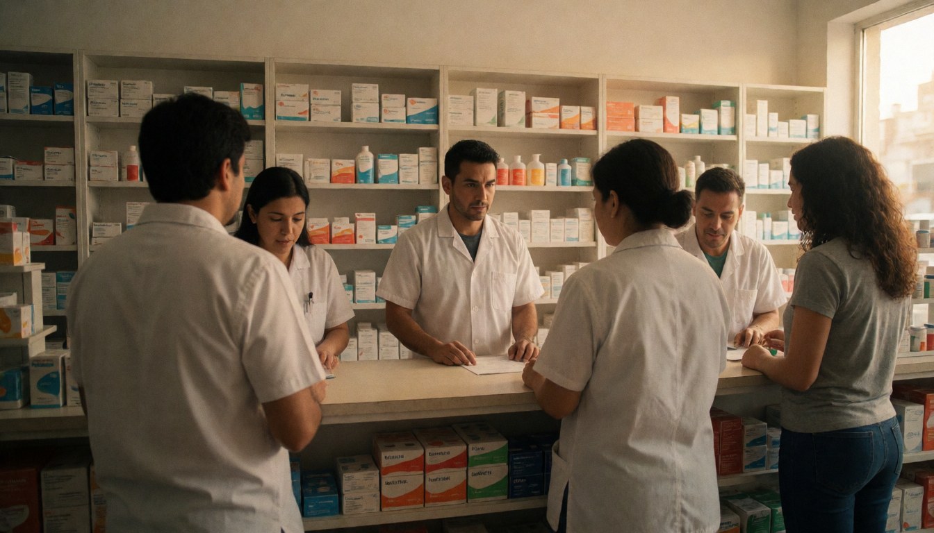 Pharmacy interior showing staff helping customers with shelves of medication and a service counter visible in the background