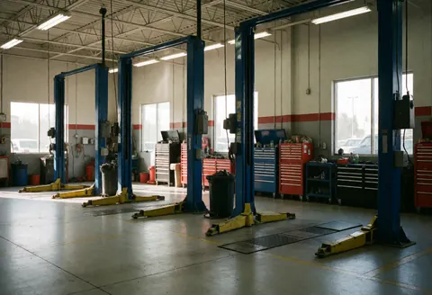 Spacious empty auto repair garage with blue scales, red and black toolboxes, clean floor, and fluorescent lighting