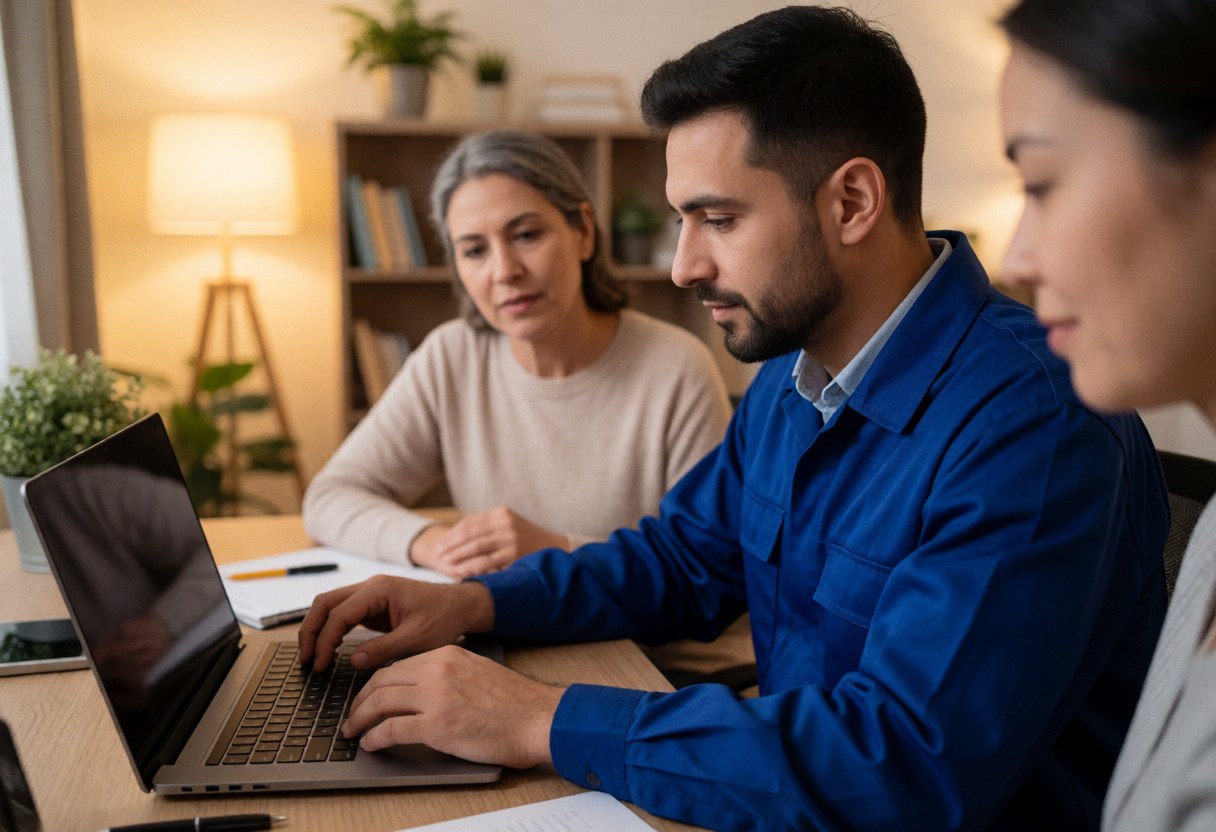 Technician in blue uniform fixing laptop while woman watches in warm home office with plants and books