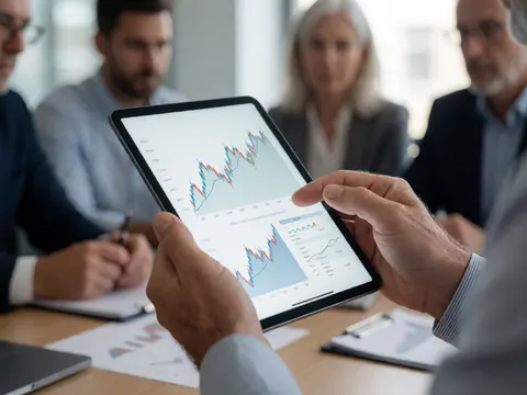 Close-up of a hand pointing at financial graphs on a tablet during a business meeting