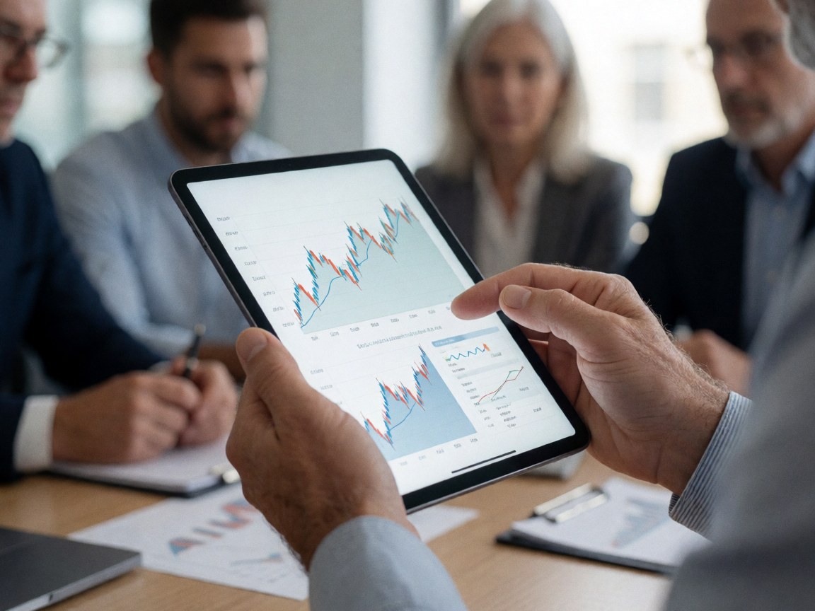 Close-up of a hand pointing at financial graphs on a tablet during a business meeting