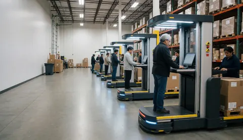 Workers in a modern warehouse using automated robots to handle pallets and boxes under bright LED lighting