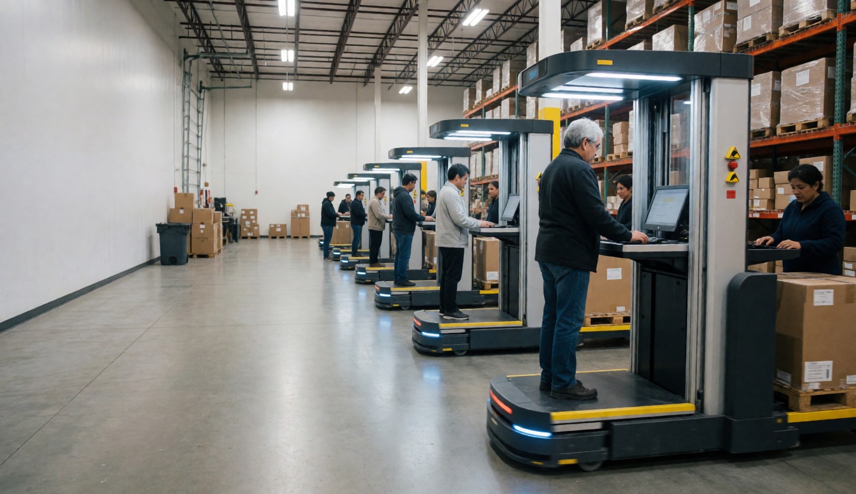 Workers in a modern warehouse using automated robots to handle pallets and boxes under bright LED lighting