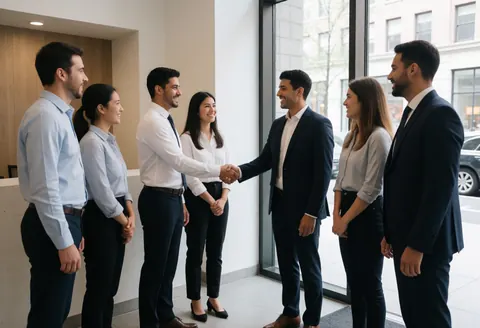 Smiling professionals in a modern lobby, two men shaking hands to seal a professional agreement