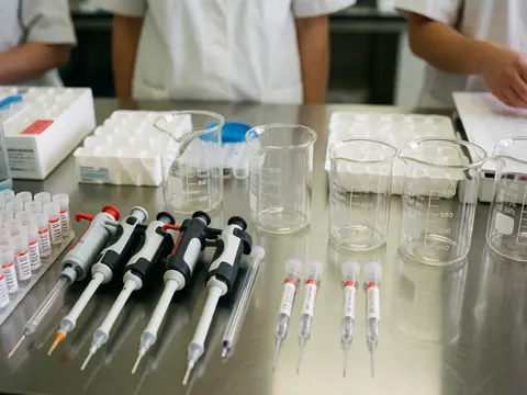 Clinical laboratory tools including pipettes, jars, and sample tubes on a stainless steel table with lab staff in the background
