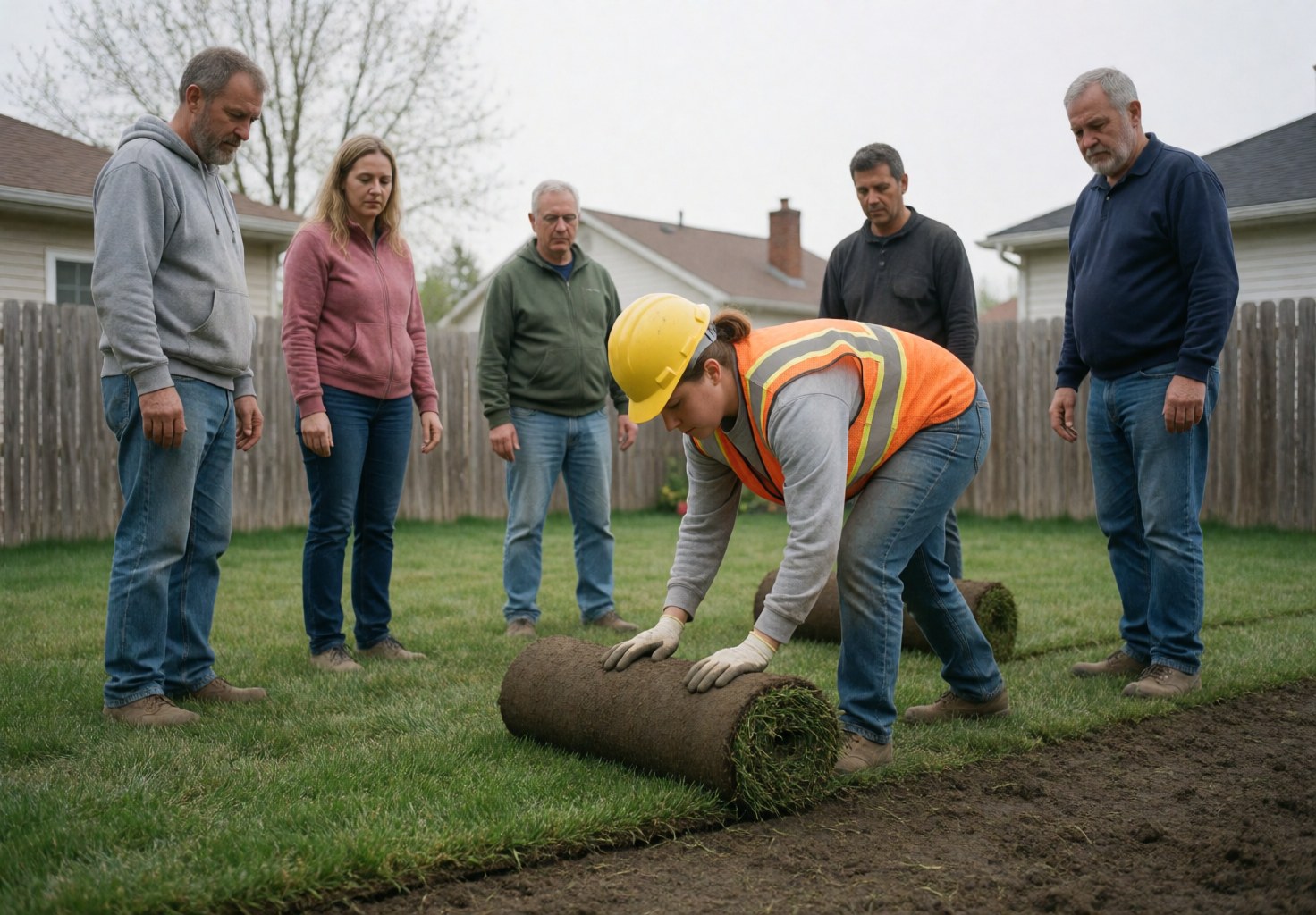 A worker in a hard hat and safety vest lays down a roll of sod while five people watch the work in a yard.
