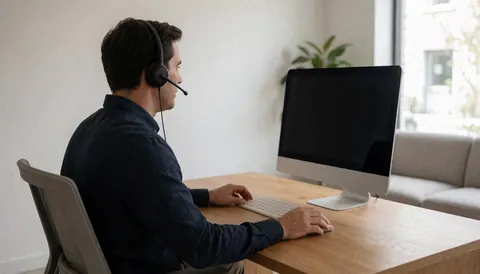Customer service agent wearing a headset at a desktop computer in a bright modern office with a wooden desk and clean sofa.