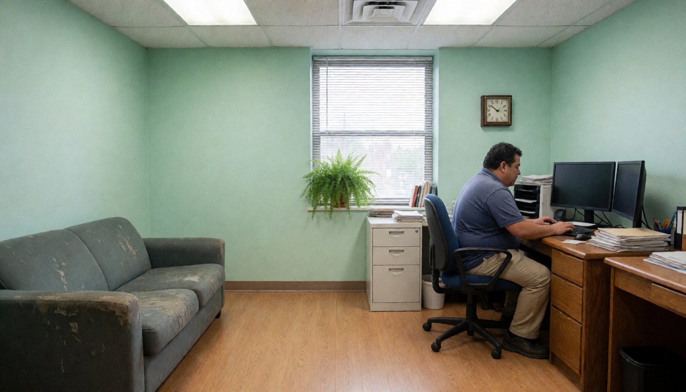 A man works on his computer in an office with green walls and a worn couch.