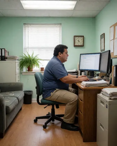 A man working on a computer with two monitors in a modern office, with papers on the desk and a plant near the window.