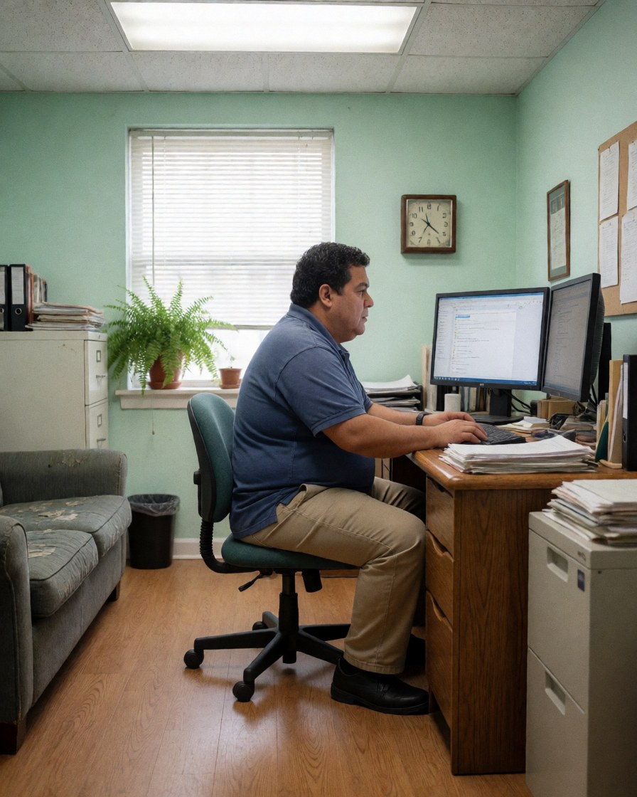 A man working on a computer with two monitors in a modern office, with papers on the desk and a plant near the window.