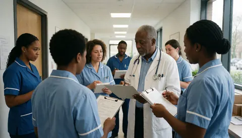 An older male doctor with a stethoscope reviews documents with several nurses in blue scrubs in a clinic hallway.