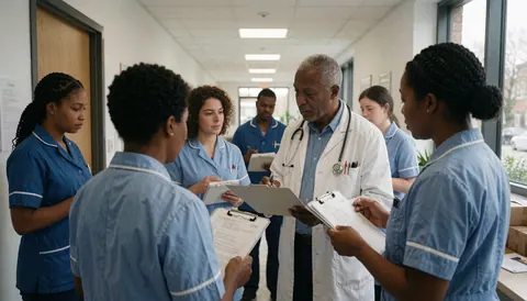An older male doctor with a stethoscope reviews documents with several nurses in blue scrubs in a clinic hallway.