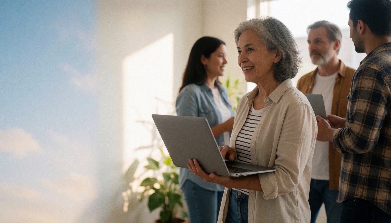 A senior woman smiles while holding a laptop in an office with three other adults.