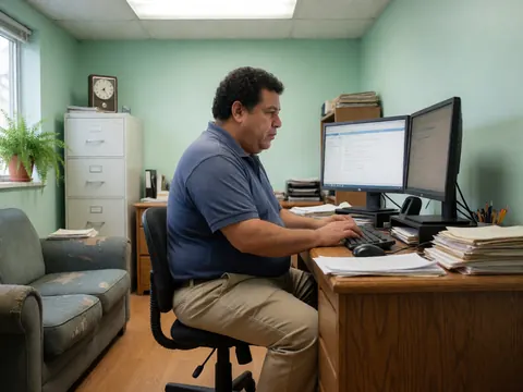 An adult man works on his computer with two monitors in an office with papers and an office chair.