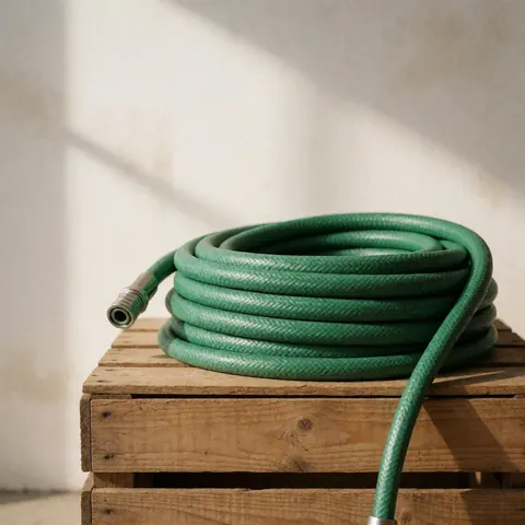 Green garden hose coiled on a wooden crate in an outdoor work setting.