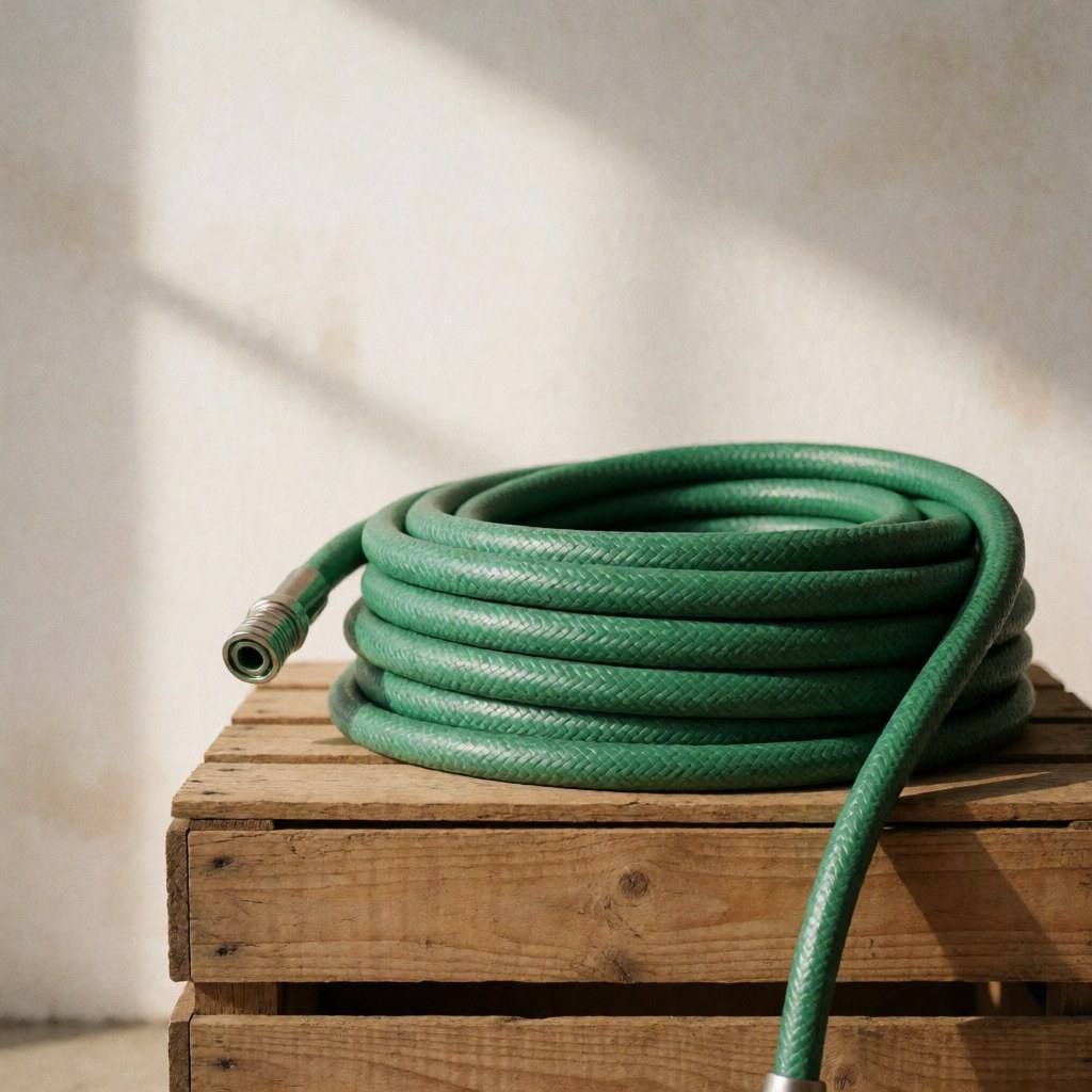 Green garden hose coiled on a wooden crate in an outdoor work setting.