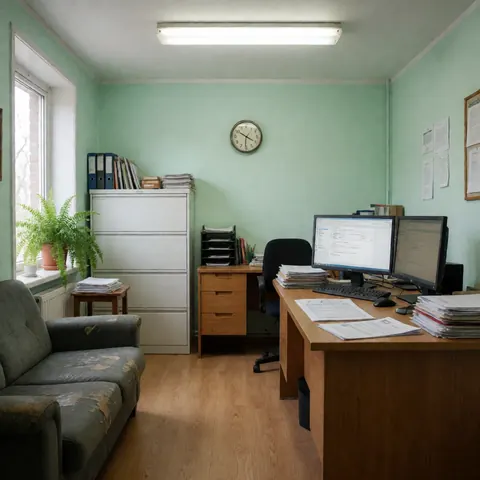 Office with desk, monitors, chairs and stack of documents, green walls and window with plant.