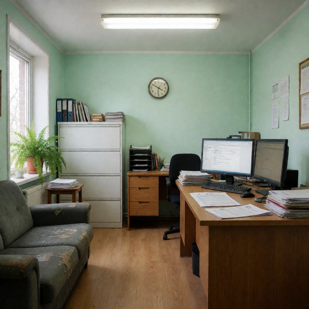 Office with desk, monitors, chairs and stack of documents, green walls and window with plant.