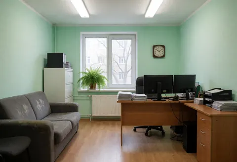 Office with computers, sofa and window, ideal for customer service or meetings.