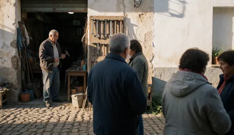 An older blacksmith serves customers in his tool shop in a village with white walls and stone pavement.