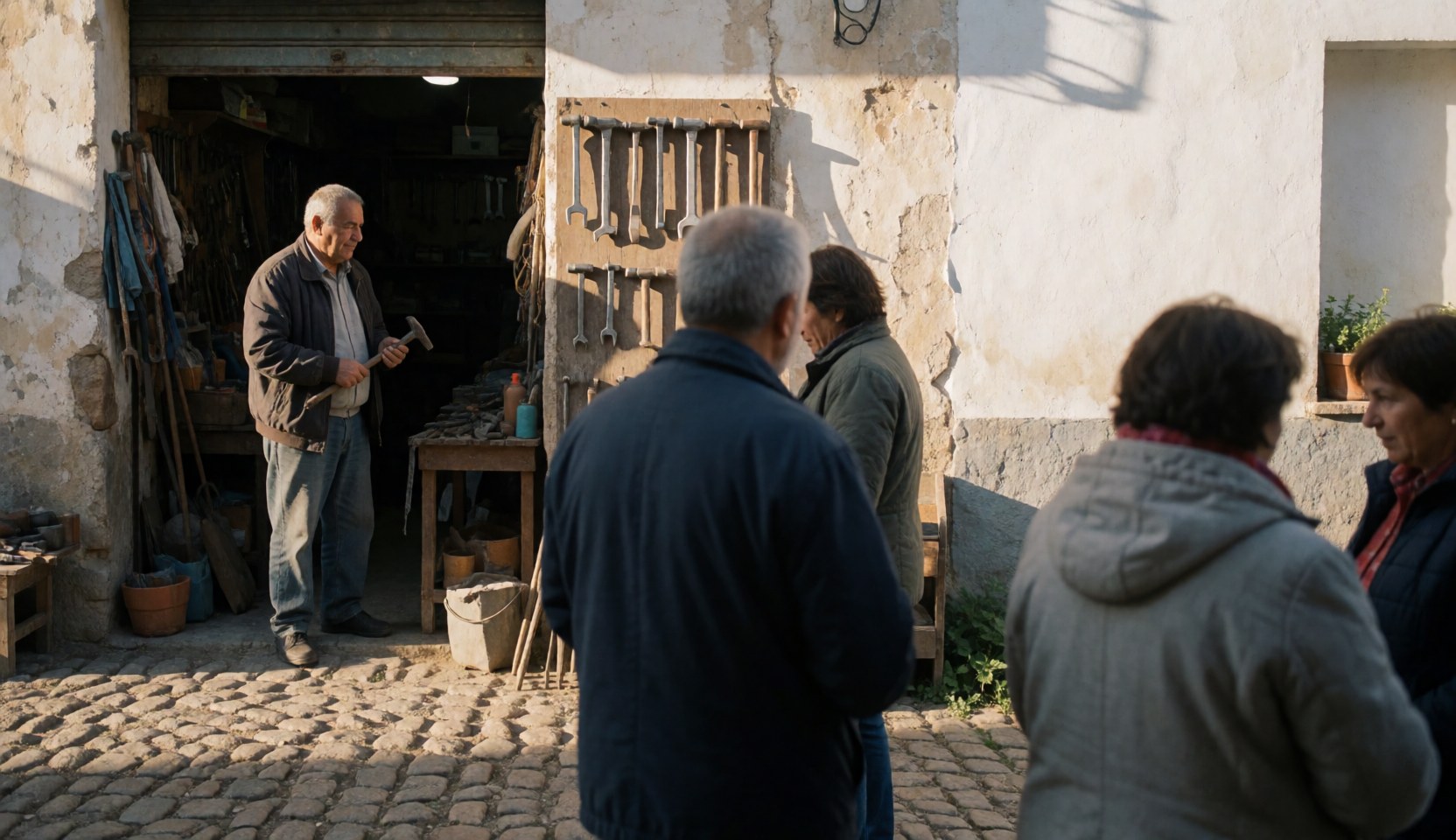 Rustic hardware store in a small town with owner and customers. Wall with tools, stone floor and sunlight.