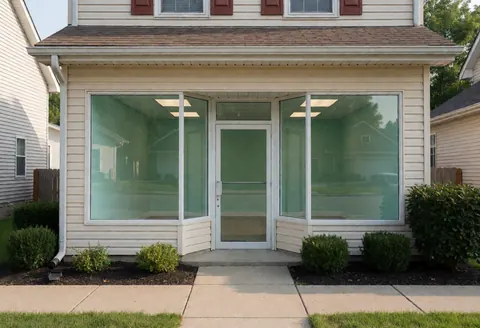 Facade of a commercial space with large windows and door, empty inside, with bushes and sidewalk in front.