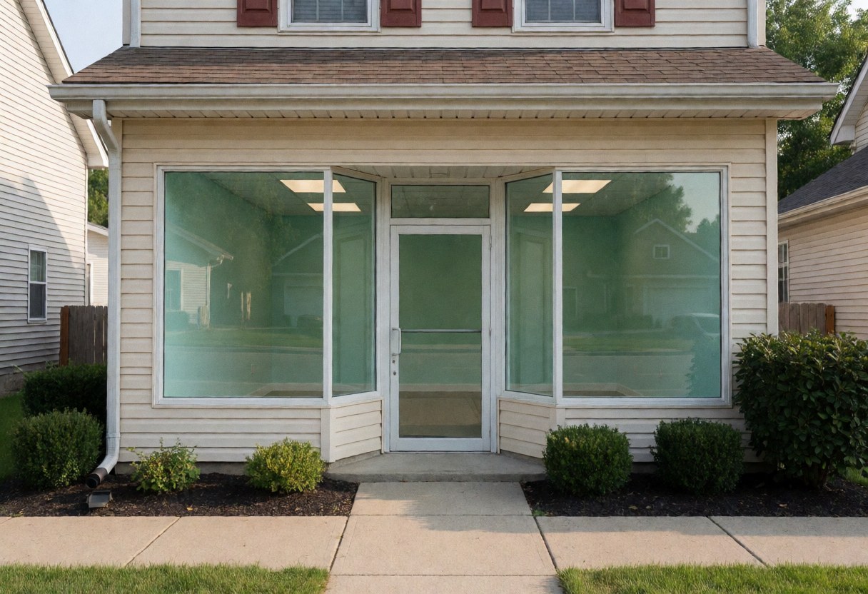 Facade of a commercial space with large windows and door, empty inside, with bushes and sidewalk in front.