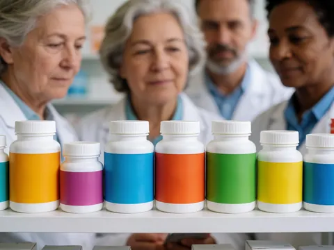 Rows of vitamin bottles with colorful labels on a pharmacy shelf with blurred health professionals in the background