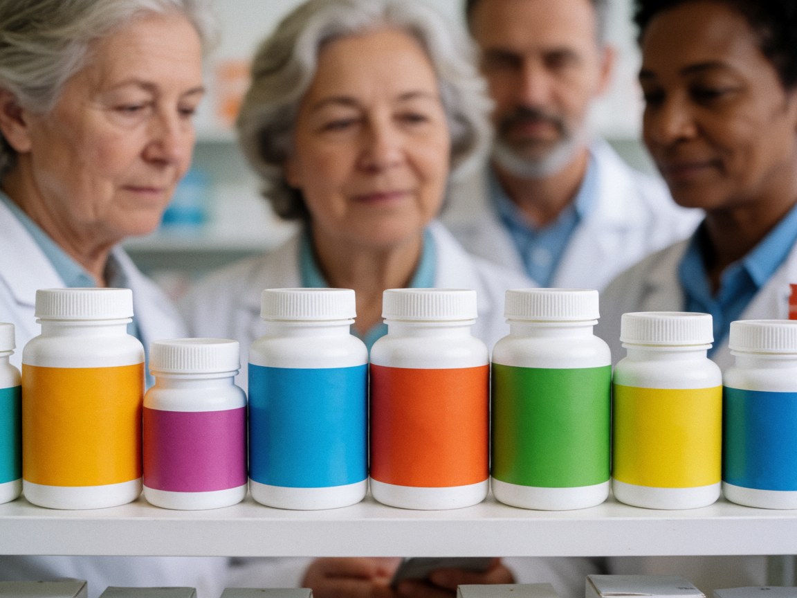 Colorful vitamin bottles on a pharmacy shelf, with pharmacists in the background reviewing the products.