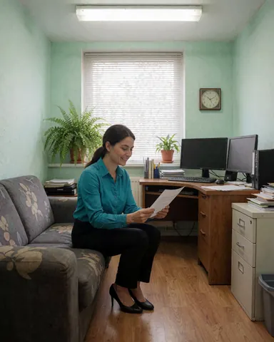 A smiling woman reviews a document while seated on a sofa in an office with a computer, desk, and plants.