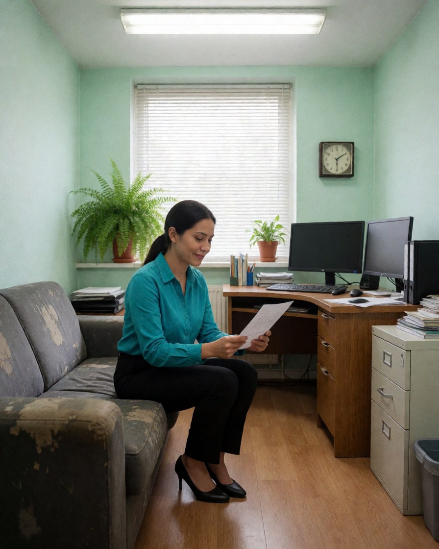 A smiling woman reviews a document while seated on a sofa in an office with a computer, desk, and plants.