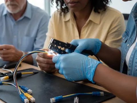 Tech worker with blue gloves connecting a network cable with tool on a work desk.