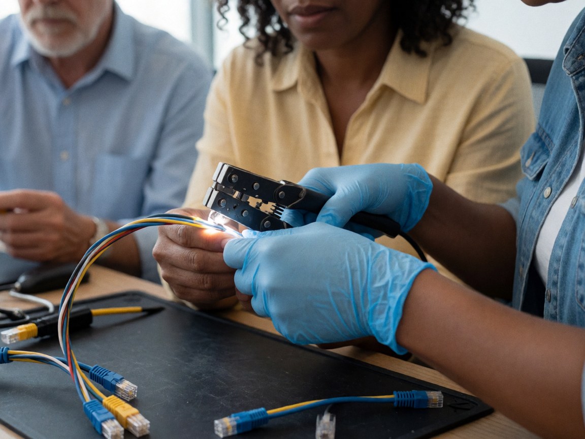 Tech worker with blue gloves connecting a network cable with tool on a work desk.