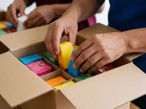 Adult hands placing vibrant items into a shipping box with bright lighting for an online store