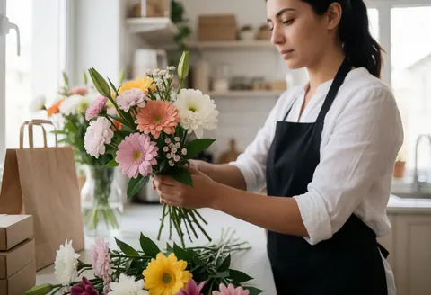A woman in a black apron arranges a bouquet of colorful flowers in a bright kitchen with paper bags and boxes nearby