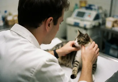 A veterinarian in a white coat examines an attentive cat on an examination table with blurred medical equipment in the background