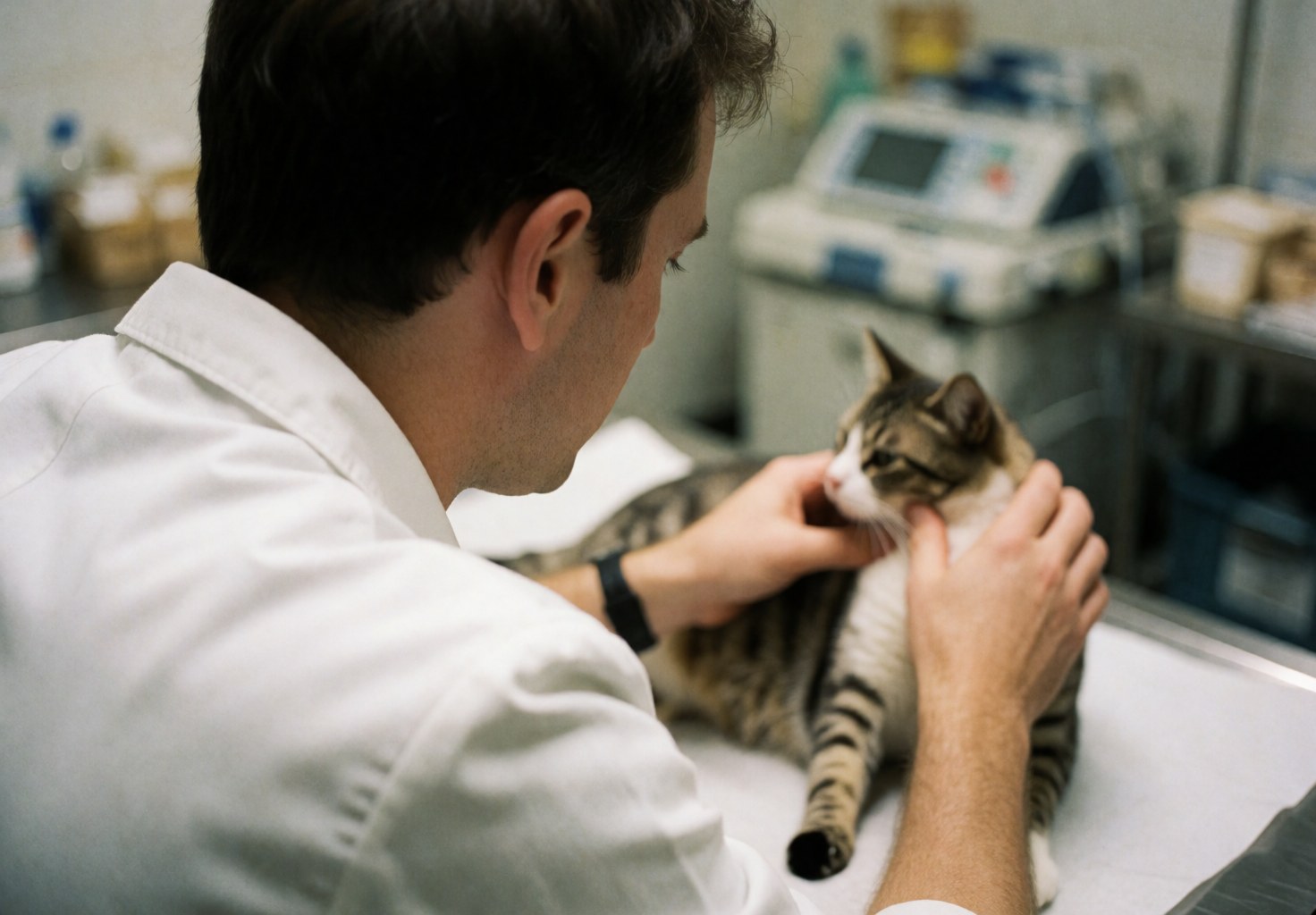 A veterinarian in a white coat examines an attentive cat on an examination table with blurred medical equipment in the background