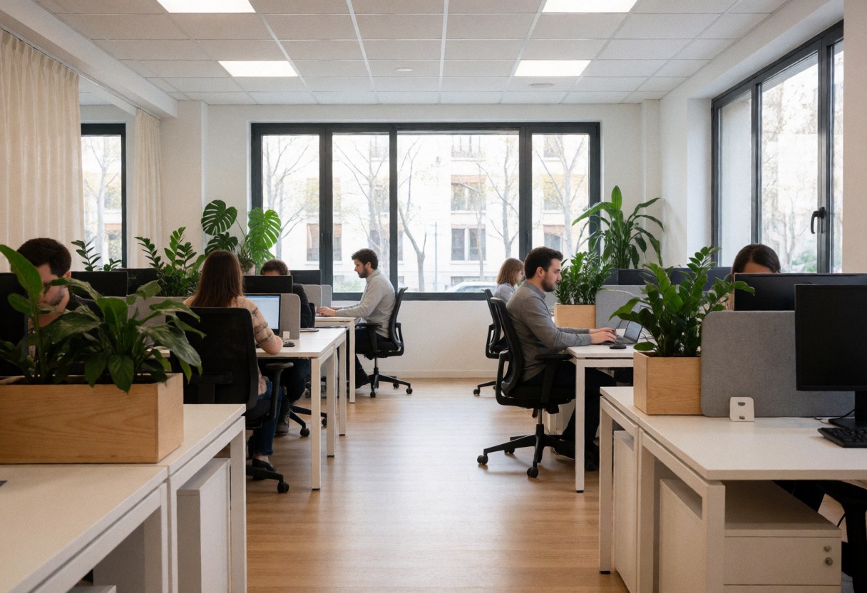 Bright modern office space featuring white desks, green plants, large windows, and people working on computers with natural lighting