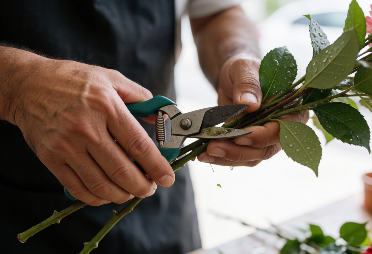 A man uses scissors to cut flower branches with wet leaves in a florist workshop with natural light