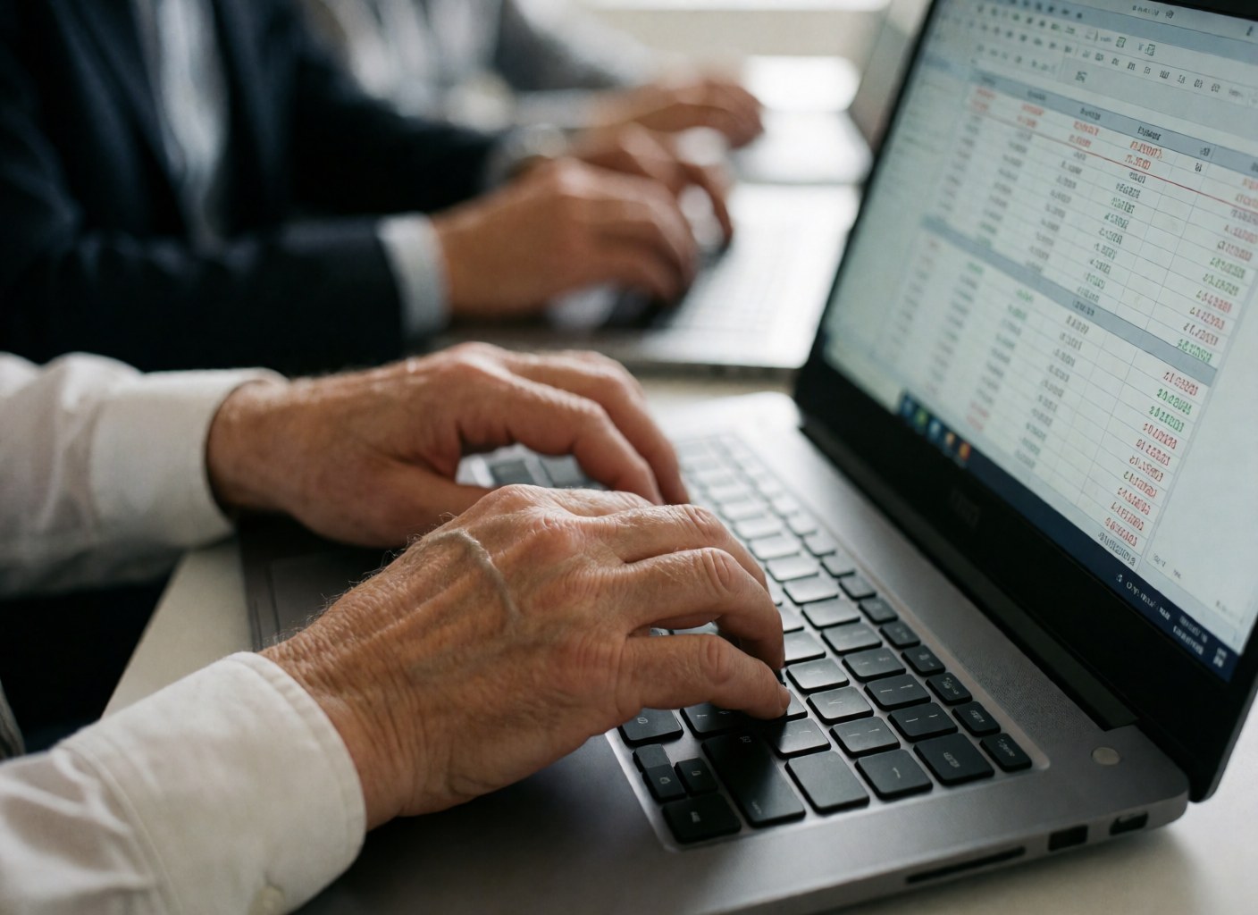 Close-up of adult hands typing on a laptop keyboard with a financial spreadsheet visible on the screen in a professional office setting