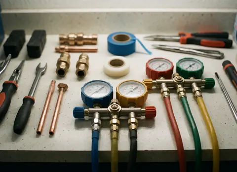 Air conditioning service tools including manifold gauges, copper tubing, teflon tape, and screwdrivers arranged on a workbench.