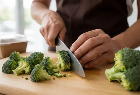 Close-up of hands slicing fresh broccoli on a wooden board in a bright kitchen for healthy meal preparation