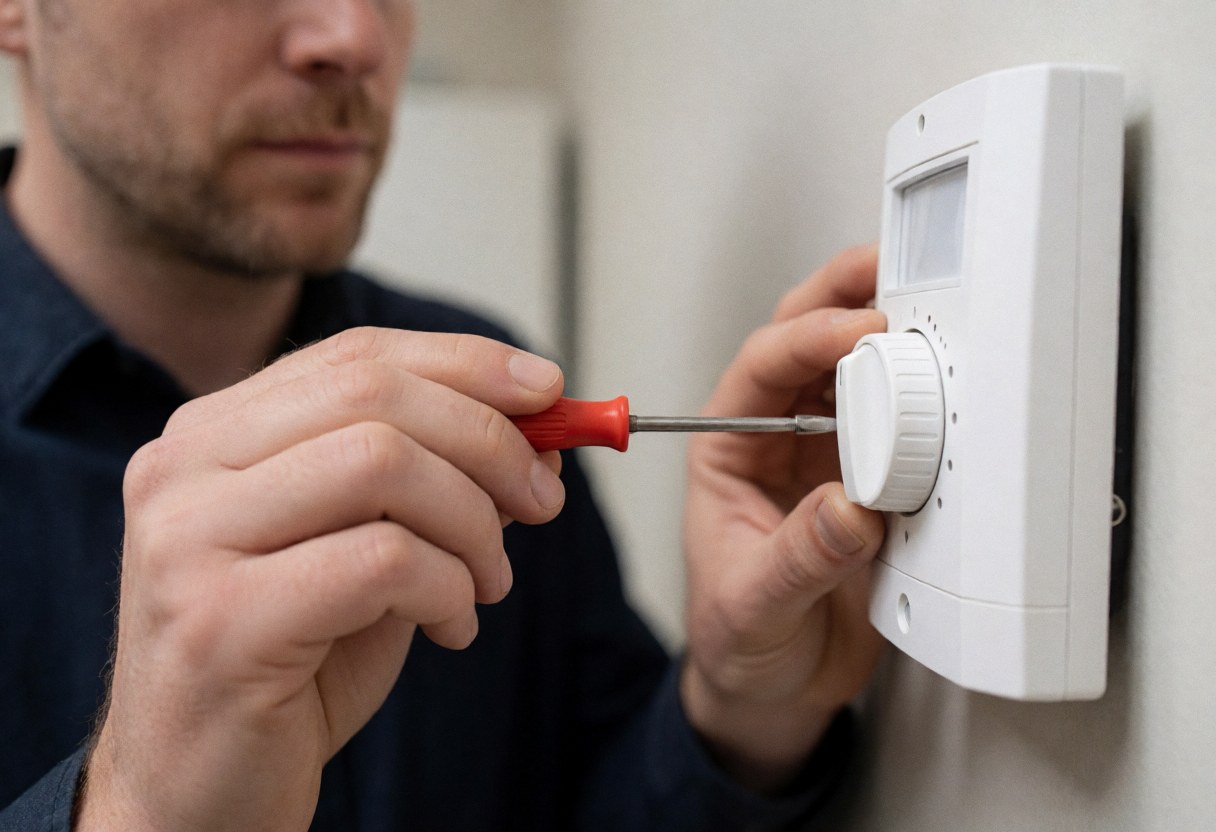 A technician uses a red screwdriver to adjust the sensitivity dial on a white wall-mounted motion detector for security maintenance
