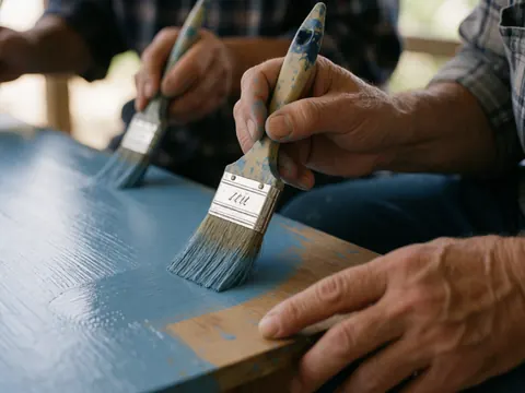 Adult hands applying blue paint to a wooden surface with a brush, showing visible texture and natural lighting.
