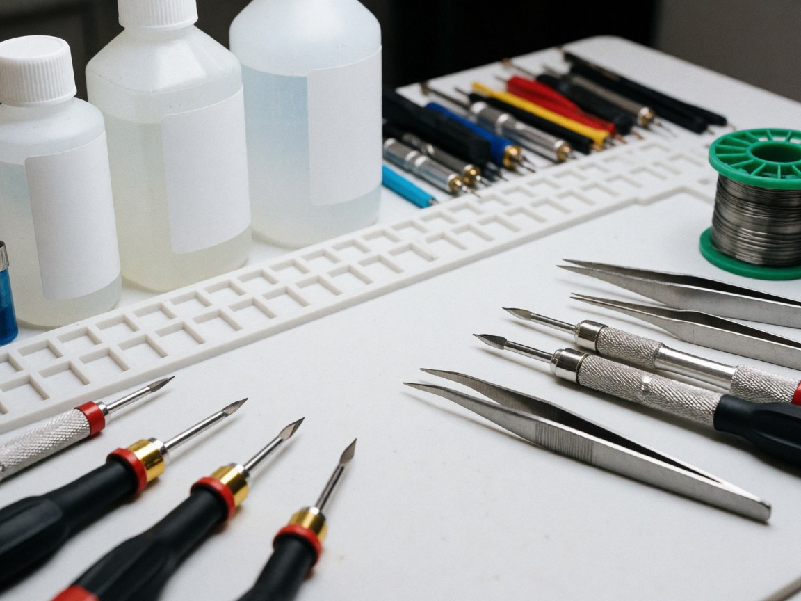 Close-up view of electronic repair tools including screwdrivers, pliers, and solder wire on a clean white background